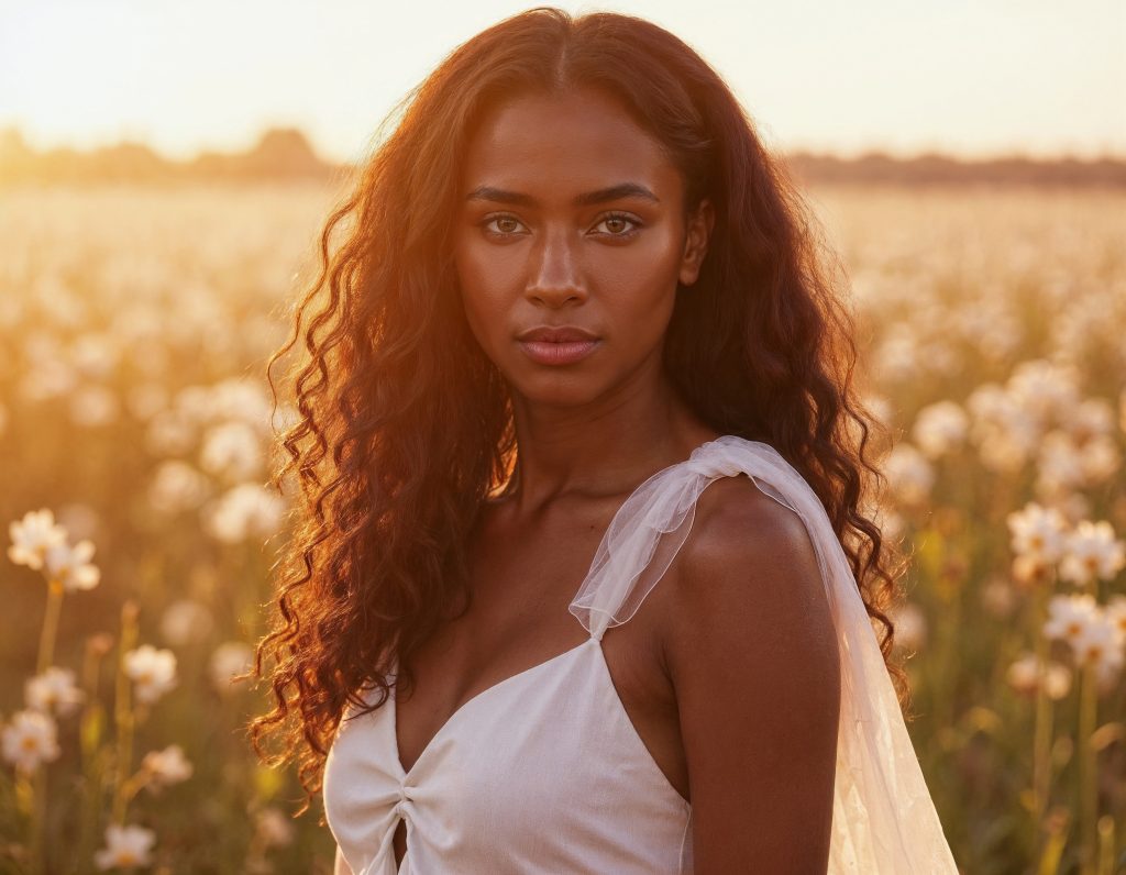 Femme de la diaspora africaine dans un champ au coucher du soleil - Nubian Connections International